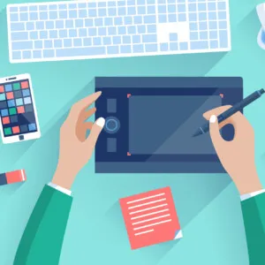 Animated Desk with Digital Tools and Supplies
