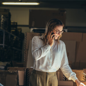 Woman on phone in warehouse
